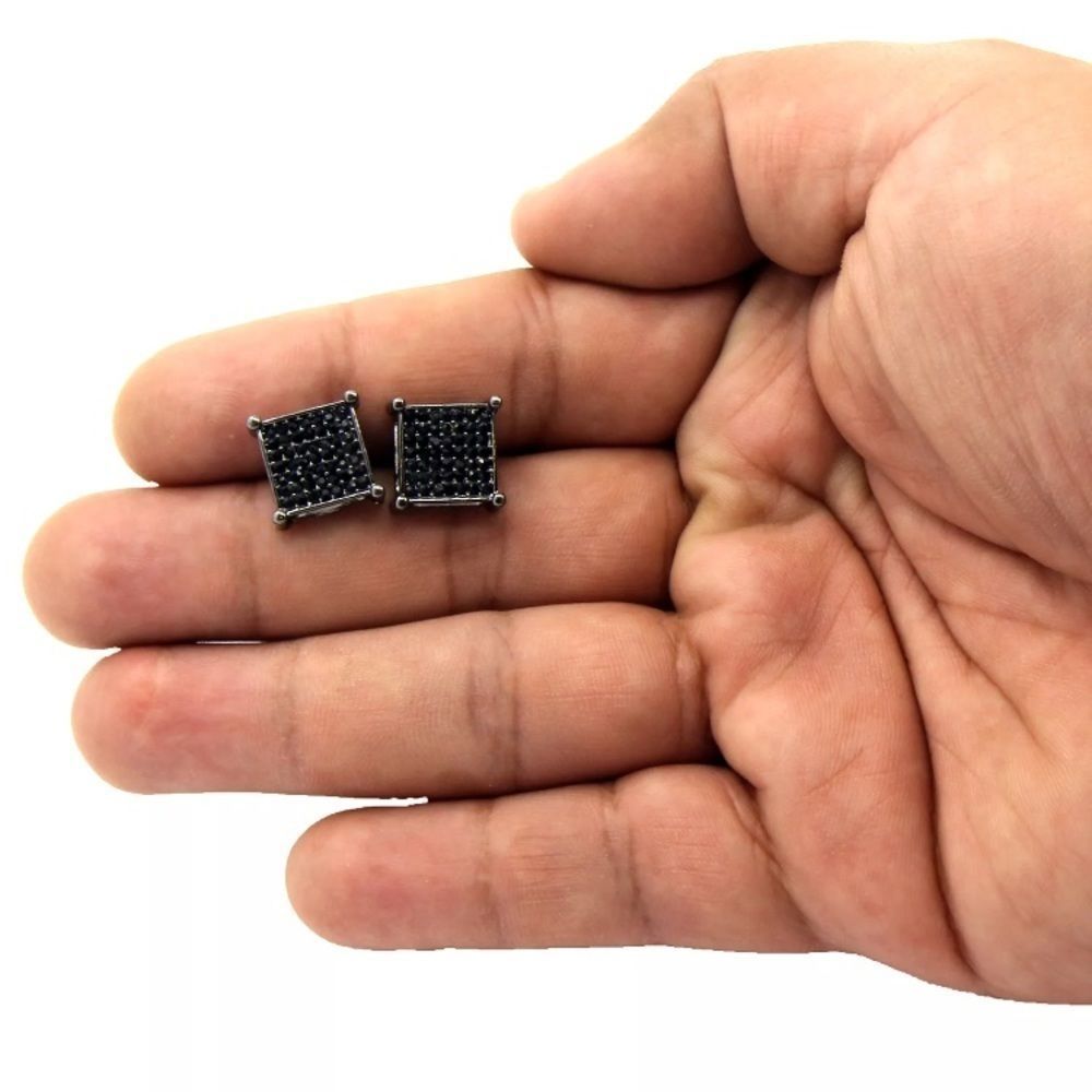 New Men’s Black Iced Out Earrings Stud Square Cut - Picture 3 of 3